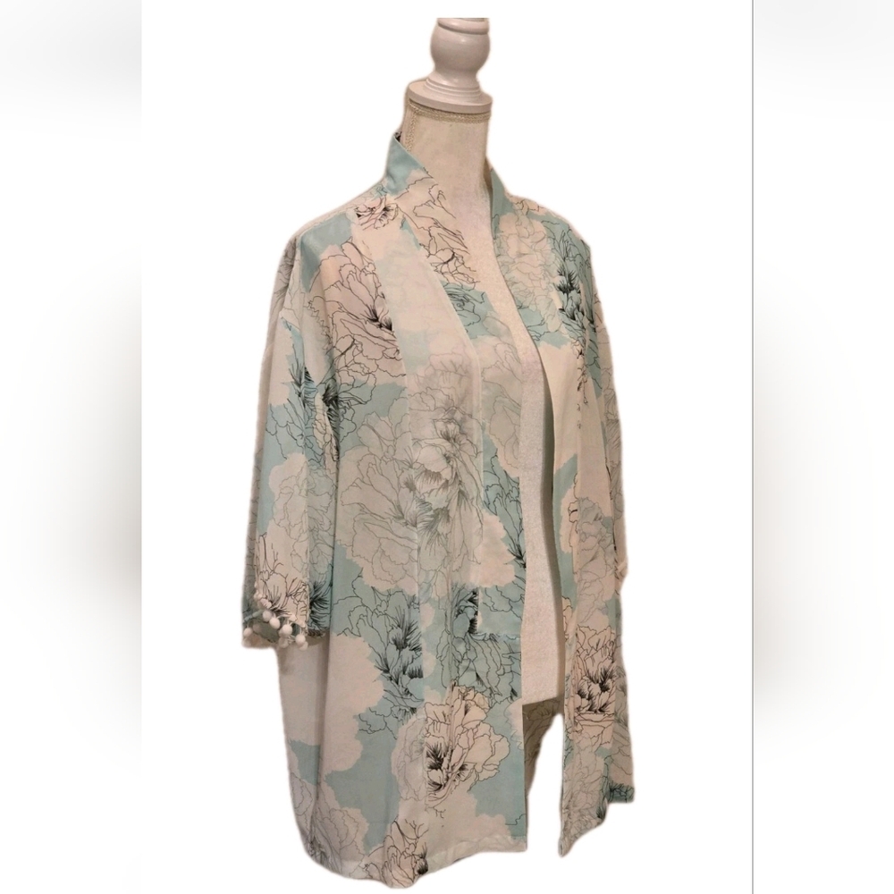 Westport Women’s 1X Kimono Blue Floral Sheer Open Front Boho Pom Pom Trim Beach - Picture 2 of 10